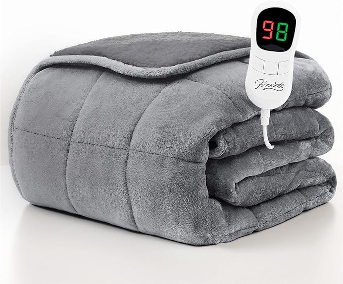 Homemate Heated Weighted Blanket for Adults - 50"x60" 12lbs Electric Throw Fast Heating Heavy Blanket 1/2/4/6/8 Hour Auto Off 10 Heat Levels Over-Heat Protection Comfortable Flannel Sherpa