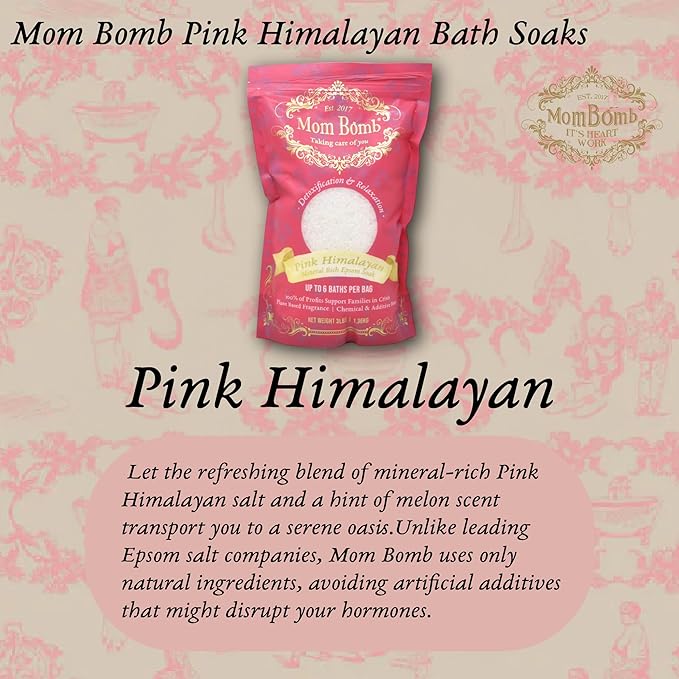 Mom Bomb Pink Himalayan Epsom Salt Bath Soak - Melon Scent – Natural Magnesium Salt with Essential Oils – Relaxing Aromatherapy for Stress Relief, Muscle & Foot Soak – Made in USA, 48 Ounce