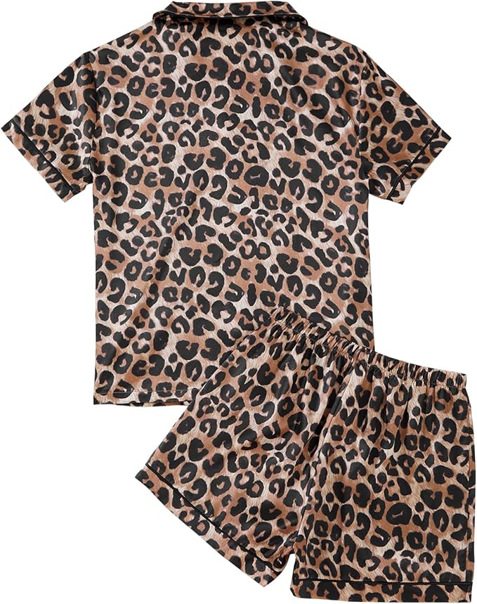 LYANER Women's Satin Silky Short Sleeve Button Shirt Sleepwear 2Piece Pajama Set