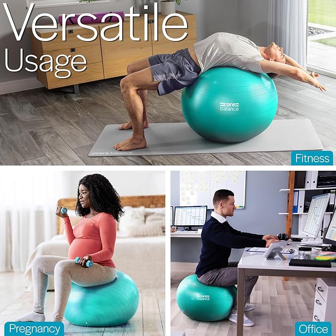 Core Balance Exercise Ball for Workouts, Anti-Burst and Slip Resistant, Swiss Yoga Ball for Pregnancy, Stability, Fitness and Physical Therapy, 4 Sizes, with Pump