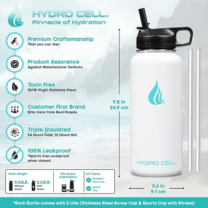 HYDRO CELL Stainless Steel Insulated Water Bottle with Straw - For Cold & Hot Drinks - Metal Vacuum Flask with Screw Cap and Modern Leakproof Sport Thermos for Adults (White 32oz)