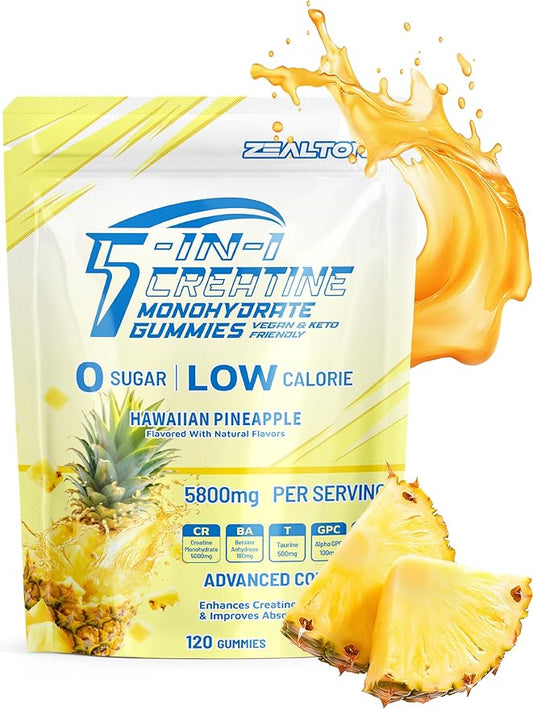Creatine Monohydrate Gummies 5800mg with Betaine & Alpha GPC | 0 Sugar | Pre Workout Energy Booster for Men & Women | Muscle Growth & Boost Strength & Faster Recovery | (120, Pineapple)