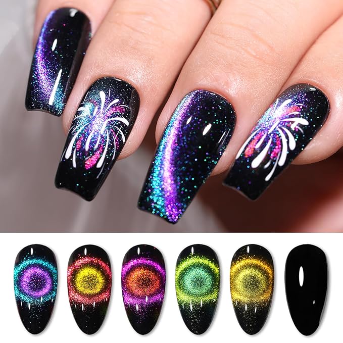 Double Rhythm 6 Colors Cat Eye Gel Polish Set Shimmer Glitter with Magnet Holographic Reflective Magnetic UV Nail Art Kit (6-Kit 27)