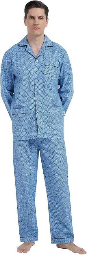 GLOBAL Men's Pajamas Sets 100% Cotton Flannel Sleepwear Long-Sleeve top & Bottom