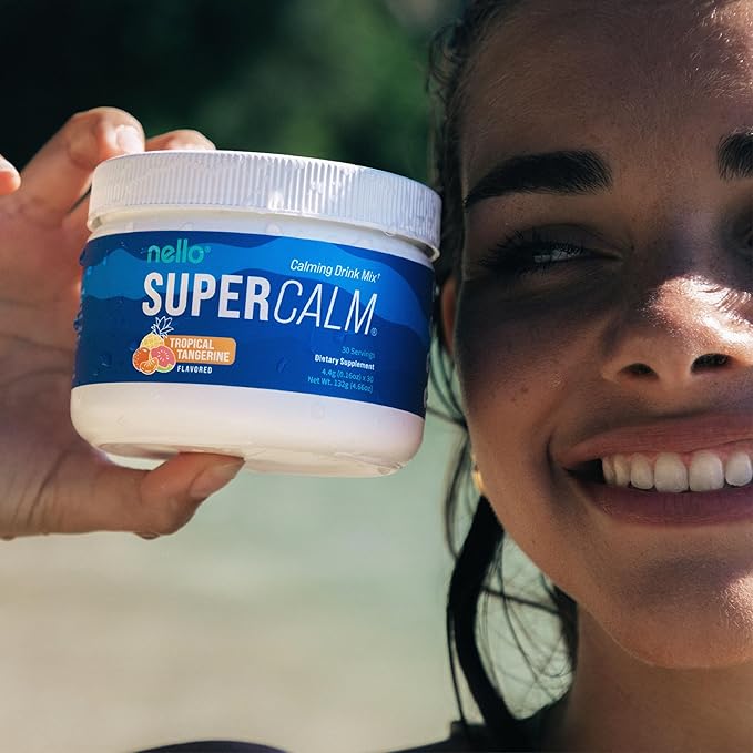 Nello Supercalm Powdered Drink Mix, Tropical Tangerine, L Theanine, Ksm-66 Ashwagandha, Magnesium Glycinate, Vitamin D 3, Supplements for Relaxation & Focus, Natural, No Sugar, Non GMO, 30 Srvg