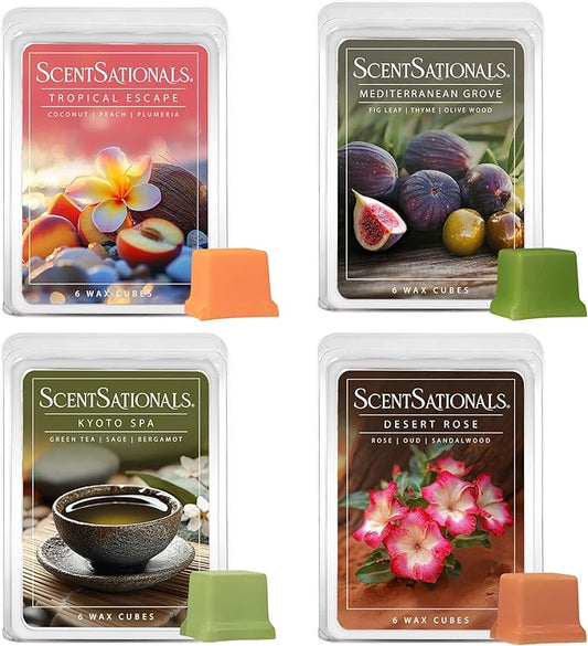 Scentsationals Wax Melts Serene Horizons 4 Pack – Long-Lasting, Strong-Scented Wax Cubes for Warmers, Includes Kyoto Spa, Tropical Escape, Mediterranean Grove, and Desert Rose, 10oz (24 Cubes)