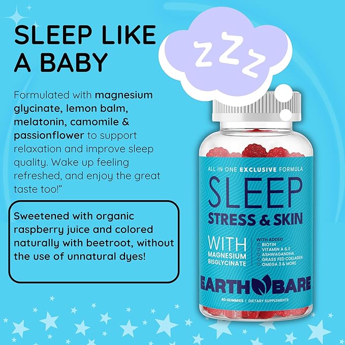 All in One Stress Skin Sleep Gummies w/Magnesium Glycinate, Grass Fed Collagen, Vitamin A, C, E & Zinc | Sleep & Glow Gummies for Adults | 60 Gummies