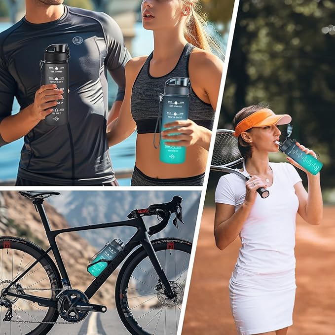 Enerbone Water Bottle, Leakproof BPA & Toxic Free, Motivational Water Bottle with Times to Drink and Straw, Fitness Sports Water Bottle with Strap for Office, Gym, Outdoor Sports