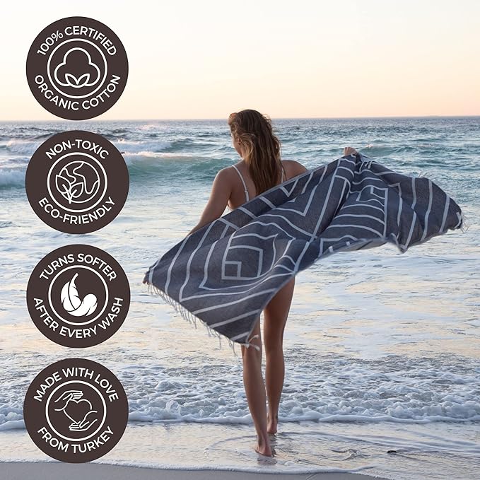 FESHKA Sand Proof Turkish Beach Towel – Oversized, Quick Dry & Lightweight Travel Towel - 100% Organic Cotton Beach Blanket - Perfect for Bath, Pool & Picnic | Explorer (Dark Navy)