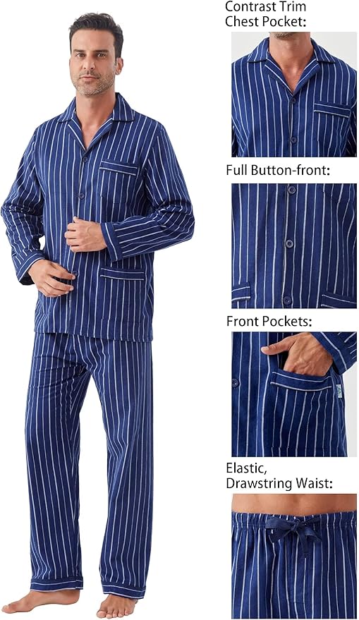 GLOBAL Men's Pajamas Sets 100% Cotton Flannel Sleepwear Long-Sleeve top & Bottom
