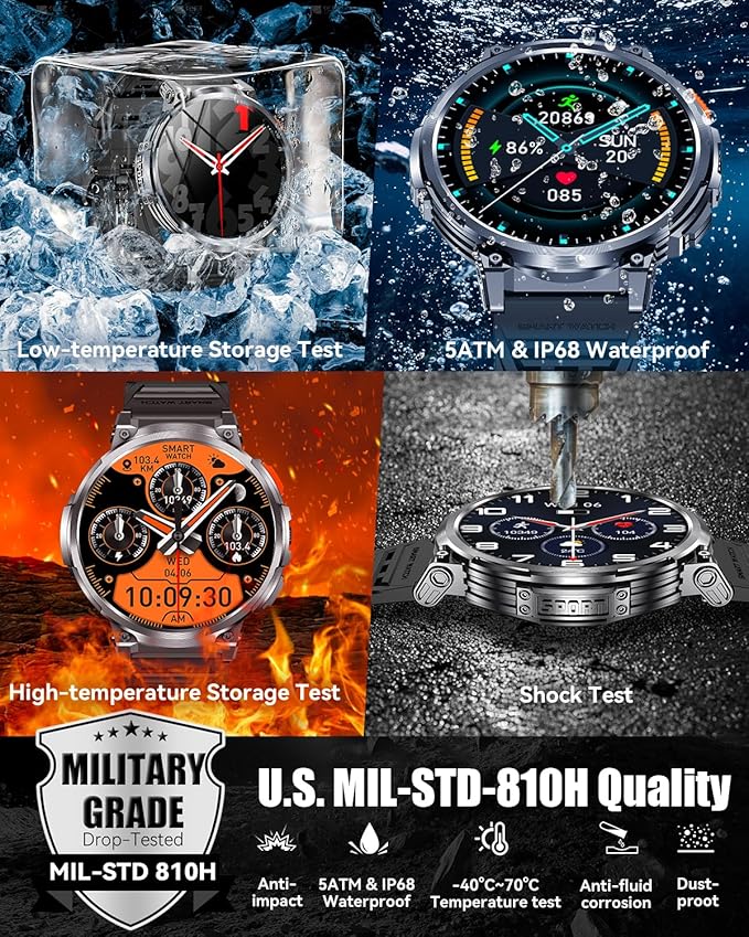 1.85" Big Screen Military Smart Watch for Men with Flashlight, 730mAh Large Battery, IP68 Waterproof, Bluetooth Calling, 114 Sports Modes, Heart Rate/Sleep Monitor for iOS Android