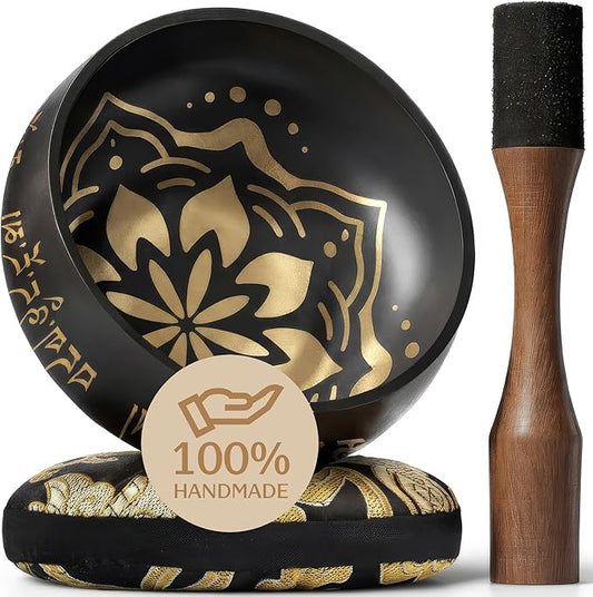 Handmade Tibetan Etched Singing Bowl Set – Sound Bowl & Meditation Bowl with Cushion, Mallet & Guide – Vibrational Healing Instruments – Chakra Healing Tools – Mindfulness Gift Set