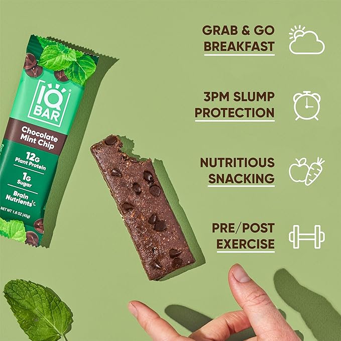 IQBAR Brain and Body Plant Protein Bars - Chocolate Mint Chip - 24-Count - Keto, Vegan, Low Carb, High Fiber, Gluten Free, Dairy Free, Low Sugar Snack with Nutrients for Focus, Energy, Meal Replacement