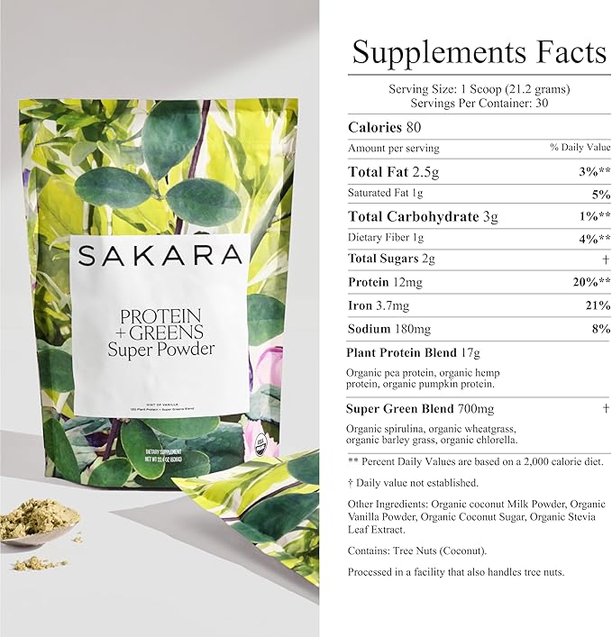 SAKARA Protein + Greens Super Powder – 30 Servings, Organic Plant-Based Blend with Hemp, Pumpkin, Pea Protein, Wheatgrass & Spirulina, Vegan Superfood Drink Mix