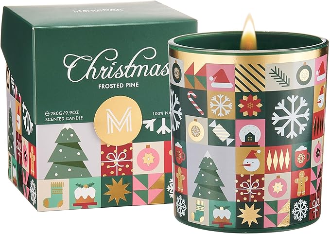 M&SENSE Christmas Pine Scented Winter Candle for Home, Soy Wax 9.9 oz 55 Hours Non Toxic Clean Burn, Fir Balsam Scent Long Lasting Relaxing Candle for Stress Relief, Holiday Gifts for Thanksgiving