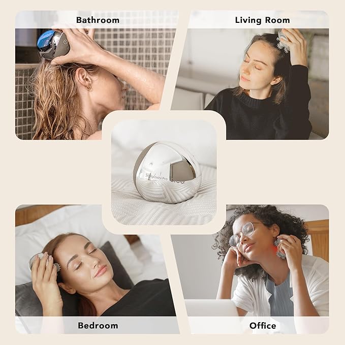 Breo Portable Mini Scalp Massager – IPX7 Waterproof Rechargeable Head Massager for Scalp Relax, Stress Relief Tool with Bamboo Wood Charging Base, Removable Massage Nodes (Silver with Base)