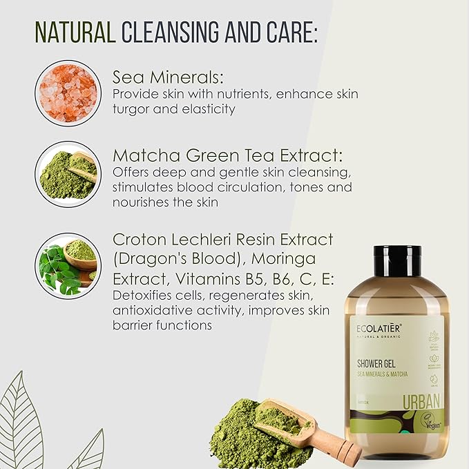 Sea Minerals & Matcha Body Wash - Natural Body Wash for Women & Men, 97.5% Natural Ingredients, Detoxifying & Hydrating Cleanser for Sensitive Skin, Gentle & Nourishing Care, 20.3 Fl Oz