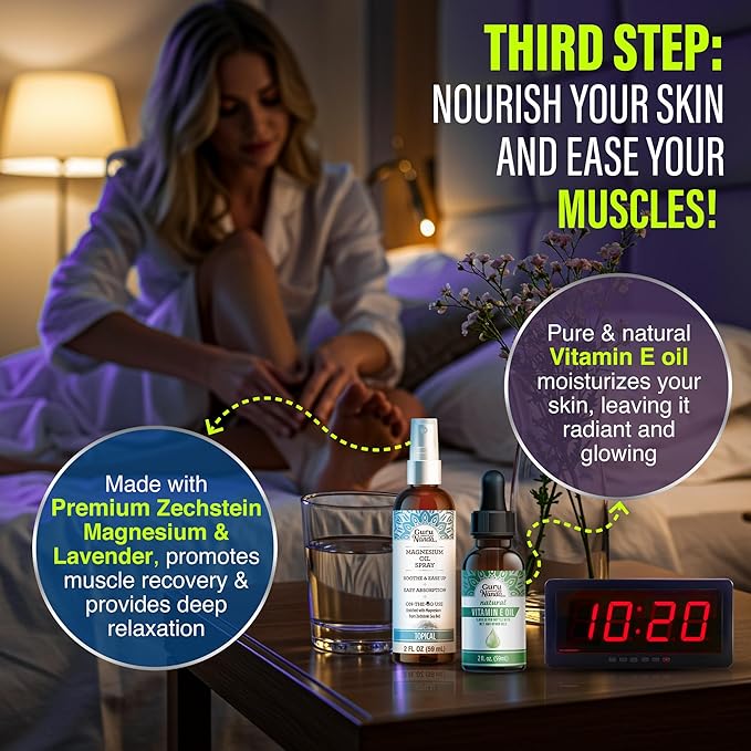 GuruNanda Nighttime Wellness Care Kit – Ashwagandha Oil Pulling, Hydroxyapatite Toothpaste, Magnesium Spray, Toothbrush, Floss Picks, Vitamin E Oil, & Sleep Spray