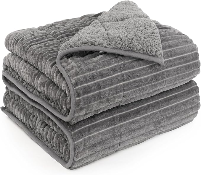 Sherpa Fleece Weighted Blanket with Ribbed Stripes for Adults, 15 lbs Dual Sided Cozy Warm Blanket for Couch Full Size Bed, Ceramic Beads Heavy Thick Blankets Great for Sleep, Grey, 60" x 80"