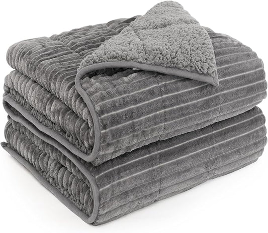 Sherpa Fleece Adult Weighted Blanket with Ribbed Stripes, 15 Pounds Dual Sided Soft Plush Blanket for Couch Bed Sofa, Heavy Thick Blankets with Ceramic Beads Great for Sleep, Grey, 48" x 72"