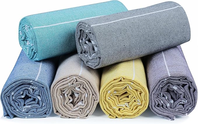 HILLFAIR Cotton Turkish Beach Towels- Lightweight Sand Free Peshtemal Hammam Towels for Bath Swim Yoga Spa- XXL Oversized Beach Towel (39 x 72 inch - 6 Pack Multicolor)