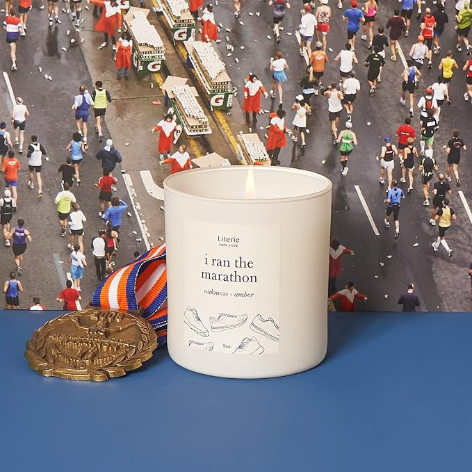 Literie NYC Inspired Scented Candle: I Ran The Marathon - Oakmoss & Amber Scent, 9oz, 50 Hour Burn, Vegan Soy & Coconut Blend Candle for Home Decor, Gift for Women & Men