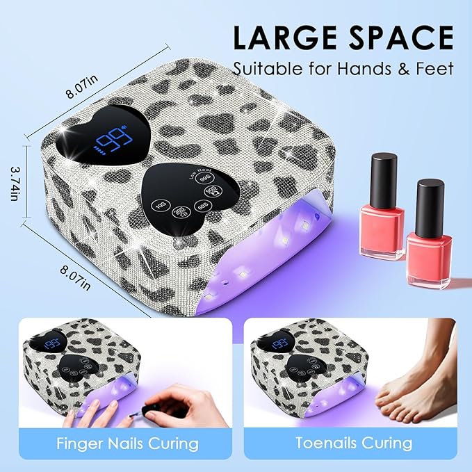 UV LED Nail Lamp Cordless, HUITINE 80W Rechargeable UV Light for Gel Nails with 5 Timers & Mirror Base, Professional Gel Light Dryer, Sparkling Rhinestones Curing Lamp for Salon & Home (Cow Diamond)