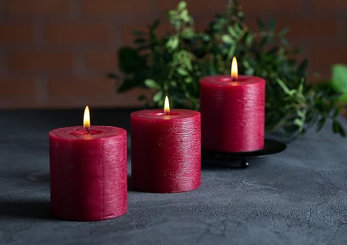 Set of 3 Pillar Candles 3" x 3" Unscented Handpoured Weddings, Home Decoration, Restaurants, Spa, Church Smokeless Cotton Wick - Burgundy