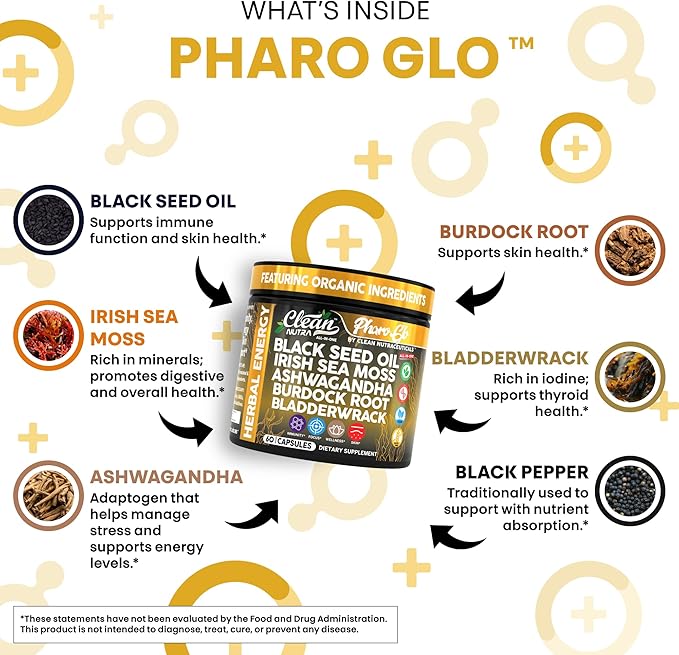 Clean Nutraceuticals Black Seed Oil Sea Moss Ashwagandha Burdock Root Bladderwrack Energy Vegan Capsules Seaweed Skin Detox Stress Relief Immune Support Focus Supplement Nigella Sativa 60 Count