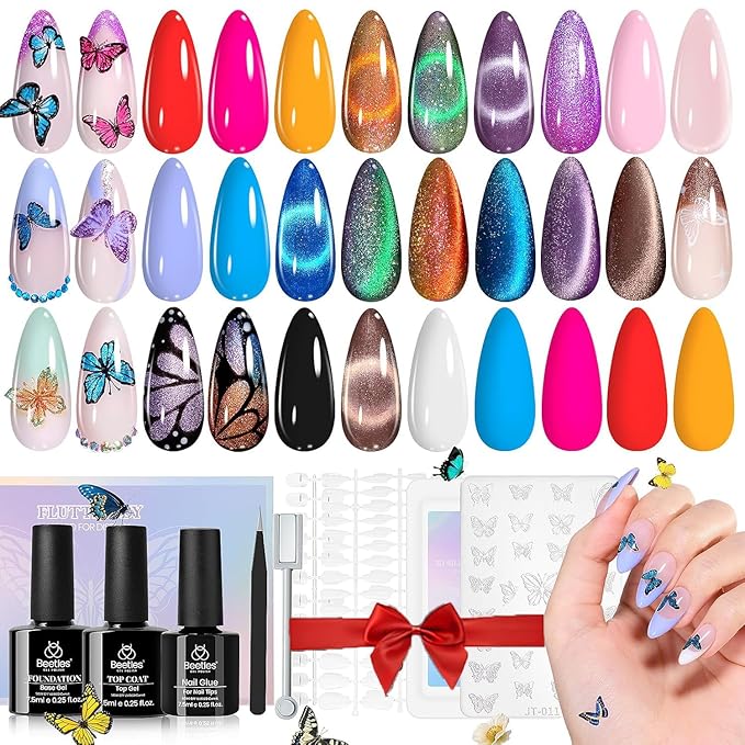 Beetles Cat Eye Gel Nail Polish Set, 15 Colors Gel Polish Nail Kit, Orange Glitter Purple White Blue Sparkle with Base & Top Coat & 3D Silicone Mold Nail Art for Decoration