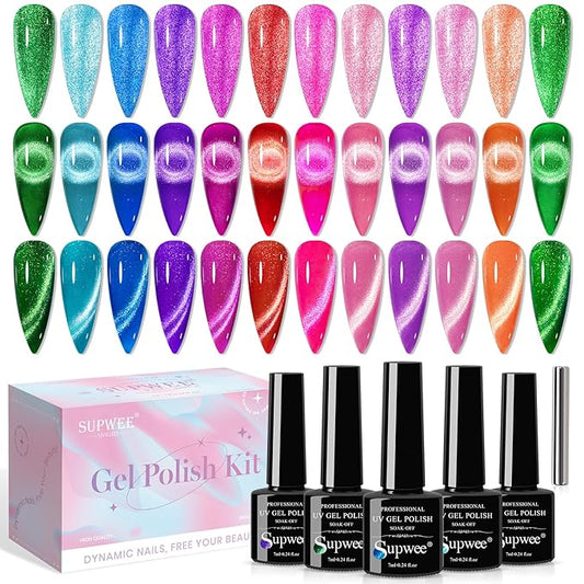 Neon Cat Eye Gel Polish Set with Magnetic, Sparkle Glitter Cateye Nail Polish Gel Holographic Magnetic Gels Polish Long Lasting Soak Off UV Gels for Professional Nail Salon or DIY at Home