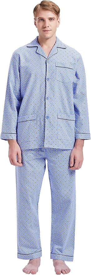 GLOBAL Men's Pajamas Sets 100% Cotton Flannel Sleepwear Long-Sleeve top & Bottom