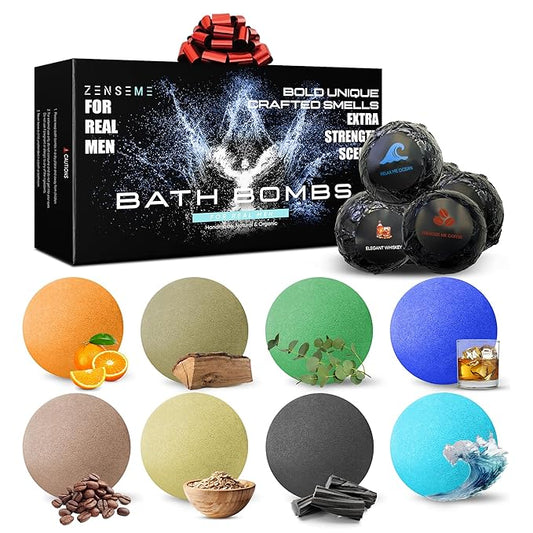 Bath Bombs for Men - Gift Set of 8 Scented Organic Handmade Bath Bombs of 2.5 oz with Natural Essential Oils, Unique Strong Manly Scents, for Boyfriend, Husband, Father or Friend, by ZenseMe