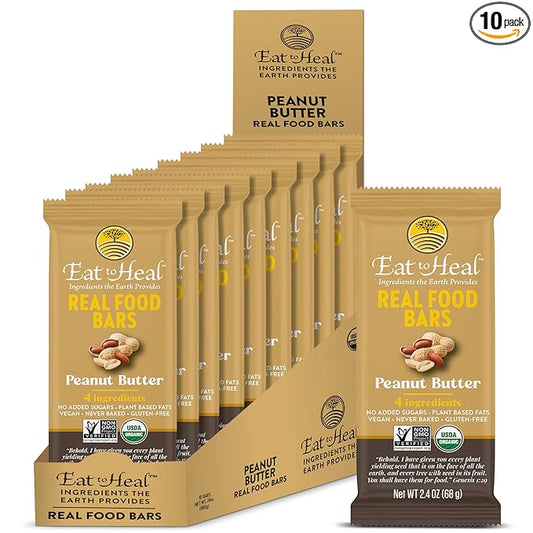 EatToHeal Peanut Butter Real Food Bar - Organic Vegan Healthy High Protein Bars - Low Sugar Meal Replacement, Non GMO, Never Baked, Plant Based, Gluten Free - Crafted to Enjoy, Not Sit on Shelves