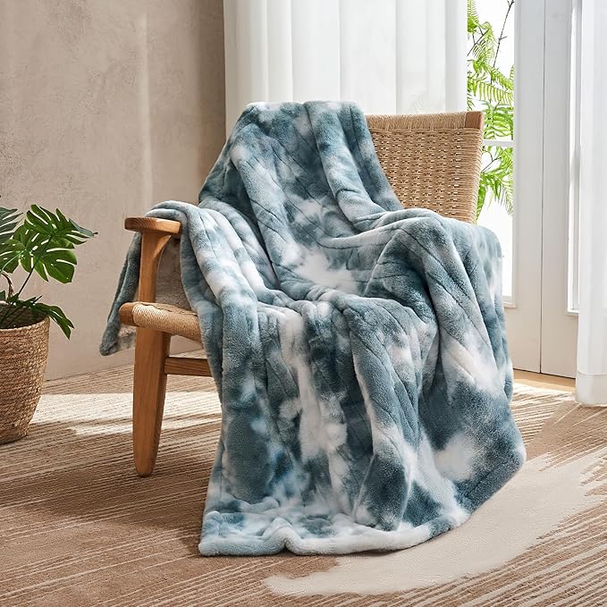 Electric Heated Blanket 84"x90",Luxury Freshwater Blue Faux Fur Electric Queen Blanket,Fast Heating Soft Fluffy Thick Electric Blanket with 6 Heating Levels & 12H Auto Off