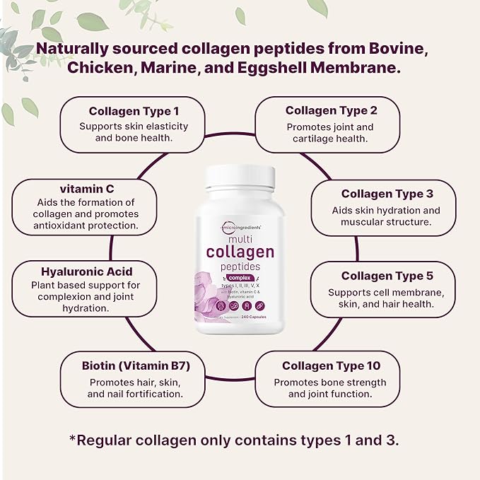 Micro Ingredients Multi Collagen Pills for Women & Men, 240 Capsules | Type I, II, III, V, X - Hydrolyzed Peptides with Biotin, Hyaluronic Acid & Vitamin C | Hair, Skin, Nail & Joint Support*