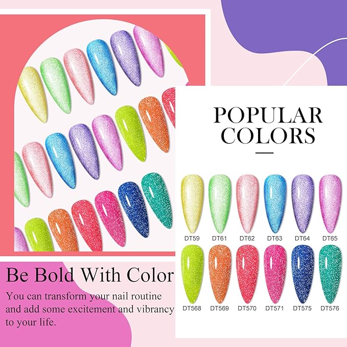 MEET ACROSS Reflective Glitter Neon Gel Polish Set, 12 Colors Gel Nail Polish Set Nails Gel Blue Hot Pink Purple Soak Off Uv Led Gel Nail Polish Kit Nail Gift for Her