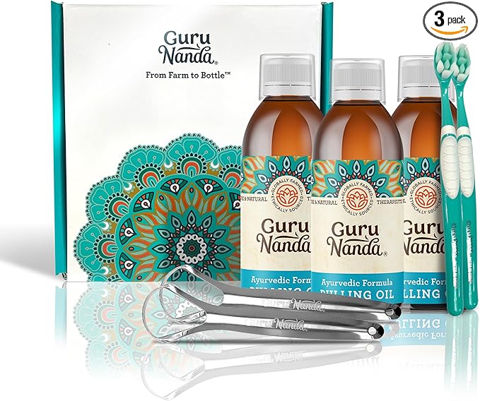 GuruNanda Original Oil Pulling Mouthwash, Promotes Deep Cleaning, With Coconut & Sesame for Teeth & Gum Health & Fresh Breath, ALcohol-free, 3X8.45 Fl Oz