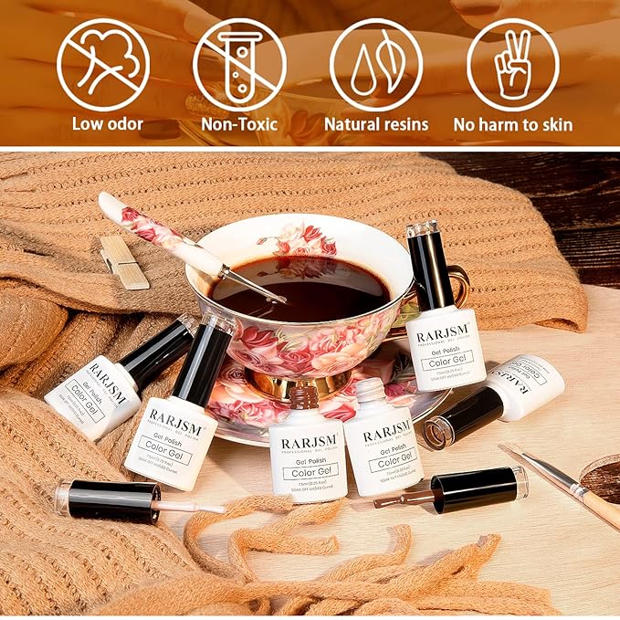 RARJSM Gel Nail Polishes Set of 6pcs Brown Coffee Wine Red Burgundy Nude Purple Pink Champagne Gold Glitter Winter Color Gel Polish Soak Off Curing Require Nail Manicure Salon Beginner DIY at Home