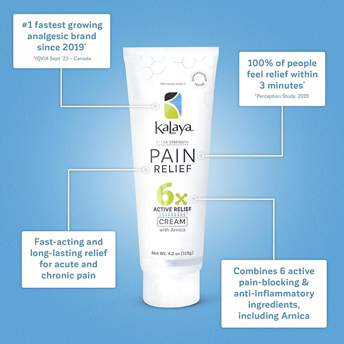Kalaya Pain Relief Cream with Arnica for Muscles and Joints – 6 Natural Active Ingredients with Long Lasting and Fast Acting Relief in 3 Minutes - Dermatologist Tested to Soothe Tension - 4.2 oz
