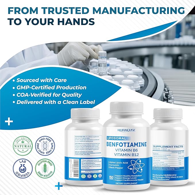 Liposomal Benfotiamine with Vitamin B6, Vitamin B12, Alpha Lipoic Acid, Curcumin - Support Healthy Metabolism, Energy Levels- Made and Tested in The USA