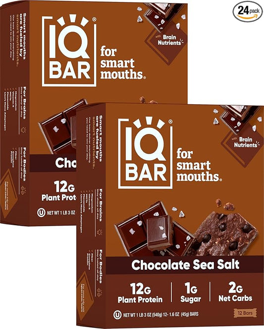 IQBAR Brain and Body Plant Protein Bars - Chocolate Sea Salt - 24-Count - Keto, Vegan, Low Carb, High Fiber, Gluten Free, Dairy Free, Low Sugar Snack with Nutrients for Focus, Energy, Meal Replacement
