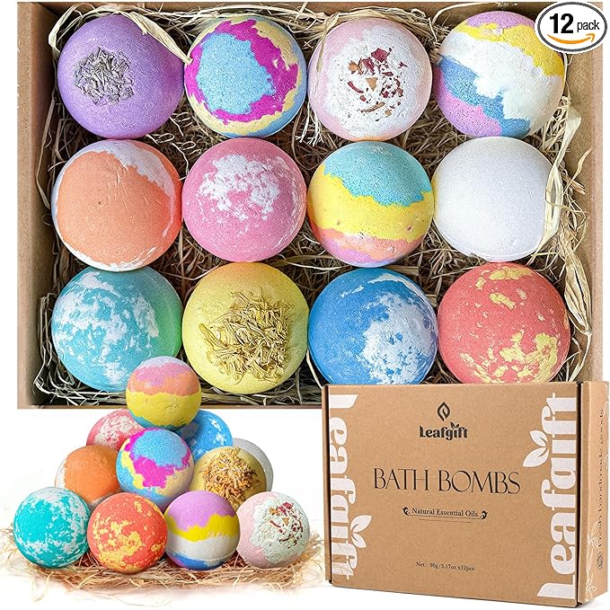 Leafgift Bath Bombs Gift Set, 12pcs Handmade Bath Fizzies with Natural Sea Salt Cocoa & Shea Butter, Perfect for Bubble Bath Spa, Moisturizing Dry Skin, Stress Relief, Best Gift for Women, Men