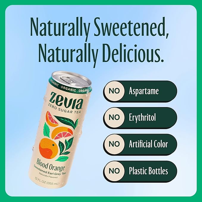 Zevia Zero Sugar Tea, Earl Grey Tea Blood Orange, 12 oz Cans (12-Pack) – Naturally Sweetened, Zero Calorie Sugar Free - Non-GMO Project Verified, Gluten-Free, Vegan