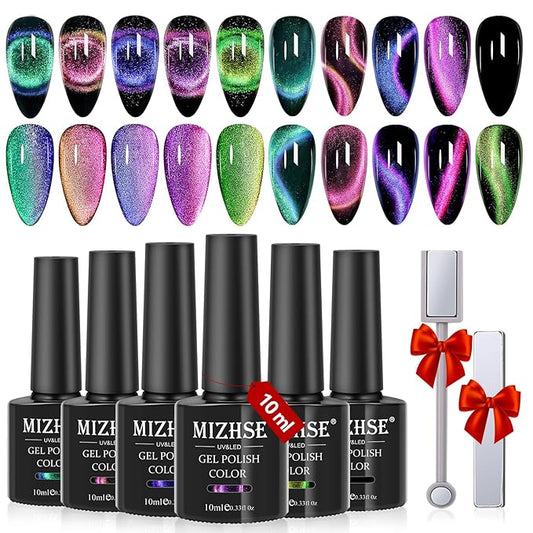 MIZHSE 9D Cat Eye Gel Nail Polish, Magnetic Cat Eye Gel Polish Set, 10ml*6 with 2 Magnets, Classic Colors Chameleon Magic Galaxy Effect Soak off Nail Art, Sparkle Stunning Gel Polish Gift for Women