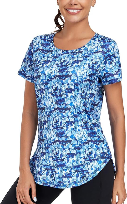 Women's Short Sleeve Workout Shirts Crewneck Sports Yoga Running Dry Fit Tops Side Split Tee