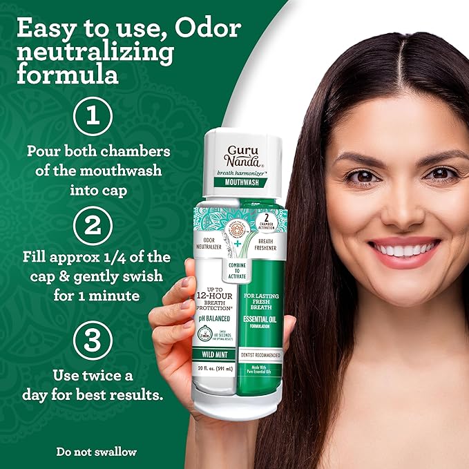 GuruNanda Dual Barrel Breath Harmonizer Mouthwash - Freshens Breath - Alcohol & Fluoride Free with Sodium Chlorite & Essential Oils - Wild Mint Flavor, 20 Fl Oz