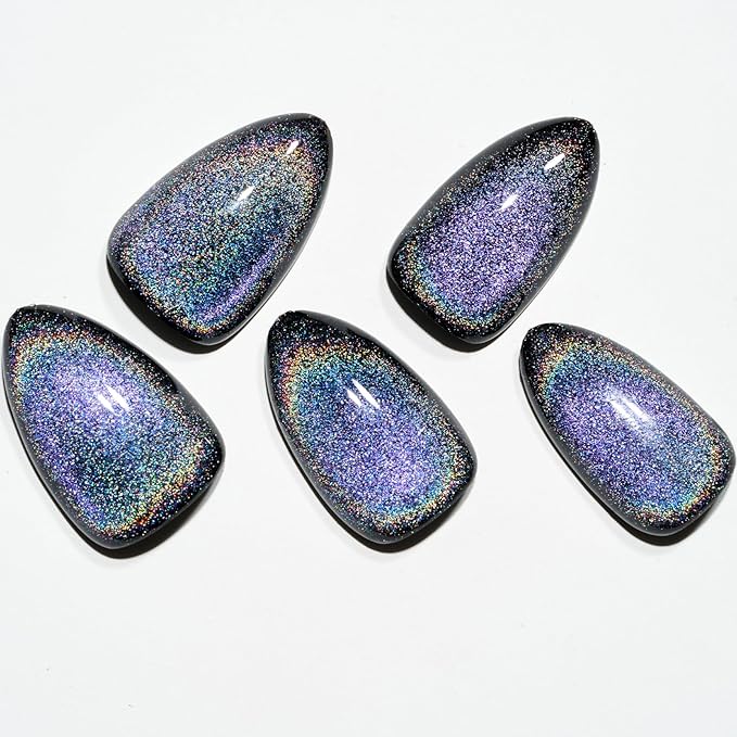 GLAMERMAID Black Blue Magnet Cat Eyes Press on Nails Short Almond, Laser Rainbow Handmade Gel Fake Nail Kit, Ombre Glitter Magnetic Glue on Nail Stiletto, Medium Oval Stick on False Nail Set for Women