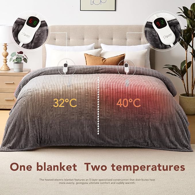 Homemate Electric Heated Blanket Queen Size - 84"x90" Heating Blanket Queen Size Dual Control 1/2/4/6/8 Hours Auto-Off 10 Heat Level Over-Heat Protection Soft Flannel Sherpa ETL Certification