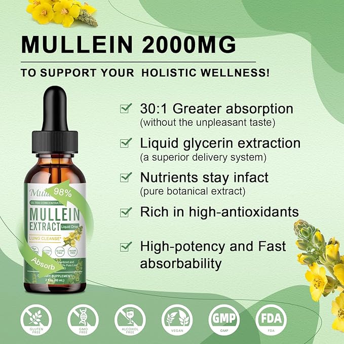 2 Pack Mullein Drops for Lungs - Lung Cleanse & Detox- Vegan Mullein Leaf Extract for Lung Immune,Respiratory Digestive -9 Potent Herbal Supplement to Renew -As Liquid, Tincture- 2Fl Oz (Pack of 2)